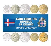 5 Coins from Iceland | Icelander Coin Set Collection 1 5 10 50 100 Kronur | Circulated 1987-2011 | Bull | Eagle | Stingray | Cod | Cyclopterus Lumpus | Dolphins | Landvættir