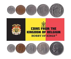 5 Coins Set from Belgium | Europe Coin Set Collection 25 50 Centimes 1 Franc 5 10 Francs | Circulated 1956-1988 | Old Collectible Currency for Collectors, Numismatic Album or Money Holders