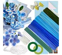 5 Color Blue Pipe Cleaner Flower Kit,300 Pcs Pipe Cleaners for Craft,with 1 Roll Fluffy Yarn,50 Pearls,100 Flower Stamens,15 Floral Wire,2 Floral Tape,2 Wrapping Paper,Ribbon and Instruction