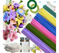 5 Color Macaroon Pipe Cleaner Flower Kit,300 Pcs Pipe Cleaners for Craft,with 1 Roll Fluffy Yarn,50 Pearls,100 Flower Stamens, 15 Floral Wire, 2 Floral Tape,2 Wrapping Paper,Ribbon and Instruction