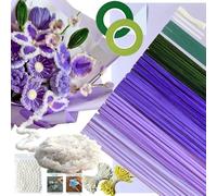 5 Color Purple Pipe Cleaner Flower Kit,300 Pcs Pipe Cleaners for Craft,with 1 Roll Fluffy Yarn,50 Pearls,100 Flower Stamens, 15 Floral Wire,2 Floral Tape,2 Wrapping Paper,Ribbon and Instruction