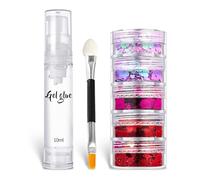 5 Colors Face&Body Glitter,Holographic Chunky Glitter Sequins,for Face Body Eye Hair Nail Art Lip Gloss Makeup,Festival Party Sparkle Accessories with A Double-Ended Brush and A Bottle of Gel