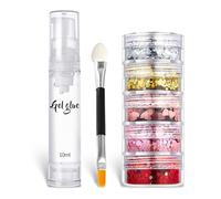 5 Colors Face&Body Glitter,Holographic Chunky Glitter Sequins,for Face Body Eye Hair Nail Art Lip Gloss Makeup,Festival Party Sparkle Accessories with A Double-Ended Brush and A Bottle of Gel