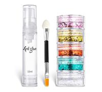 5 Colors Face&Body Glitter,Holographic Chunky Glitter Sequins,for Face Body Eye Hair Nail Art Lip Gloss Makeup,Festival Party Sparkle Accessories with A Double-Ended Brush and A Bottle of Gel