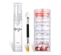 5 Colors Face&Body Glitter,Holographic Chunky Glitter Sequins,for Face Body Eye Hair Nail Art Lip Gloss Makeup,Festival Party Sparkle Accessories with A Double-Ended Brush and A Bottle of Gel