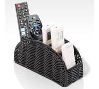 5-Compartment Remote Control Holder - Synthetic Rattan Organizer for TV Remotes, Makeup Brushes, Office Supplies, Stylish Wicker Desk Caddy for Living Room, Bedroom, Office, Patent Pending (Black)