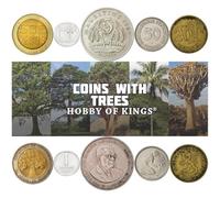 5 Different Coins with Trees - Authentic Circulated World Coin Collection - Featuring Palm, Oak, Fig, Cedar and More