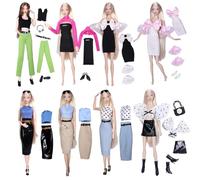 5 Doll Clothes Set Compatible with Barbie, Cute Doll Clothes, 3 Polka Fixed Set (Includes 2 Pairs of Shoes, Black Bag) + 2 Random Styles, Urban Fashion Doll Clothes, Gift for Little Girls