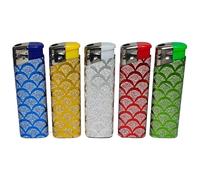 5 Electronic Non-Refillable Lighter Set Assorted Designs Compact & Durable Gas Lighters for Camping Hiking BBQ & Everyday Use Adjustable Flame, Portable, Ideal for Outdoors (Glitter Scale Pattern)