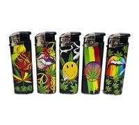 5 Electronic Refillable Lighter Set Assorted Designs Compact & Durable Gas Lighters for Camping Hiking BBQ & Everyday Use Adjustable Flame, Portable, Ideal for Outdoors (Rasta Smiley)