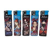 5 Electronic Refillable Lighter Set Assorted Designs Compact & Durable Gas Lighters for Camping Hiking BBQ & Everyday Use Adjustable Flame, Portable, Ideal for Outdoors (Women Skulls Design)