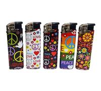5 Electronic Refillable Lighter Set Assorted Designs Compact & Durable Gas Lighters for Camping Hiking BBQ & Everyday Use Adjustable Flame, Portable, Ideal for Outdoors (Peace)