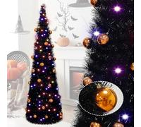 5 Ft Black Lighted Artificial Halloween Christmas Tree-DIY 50 LED Ornament Battery Powered Pop Up Tinsel Halloween Christmas Tree with Bronze Ball Ornament
