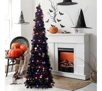 5 Ft Black Lighted Artificial Halloween Christmas Tree with Timer-DIY 100 LED Ornament Battery Powered Pop Up Tinsel Halloween Christmas Tree with Round Sequin for Indoor Outdoor Home Party