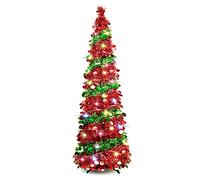 5 FT Collapsible Sequin Pop Up Christmas Tree with 90 LED Lights, Skinny Pencil Tinsel Xmas Tree with Stand for Apartments