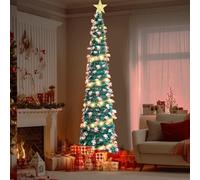 5 Ft Pop Up Christmas Tree with 16.5 Ft String Lights, Artificial Collapsible Pencil Christmas Tinsel Tree for Holiday Xmas Decorations, Home Display, Office Decor, Easy Assembly (A)