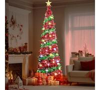 5 Ft Pop Up Christmas Tree with 16.5 Ft String Lights, Artificial Collapsible Pencil Christmas Tinsel Tree for Holiday Xmas Decorations, Home Display, Office Decor, Easy Assembly (B)