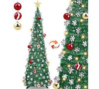 5 Ft Pop Up Christmas Tree with Lights Collapsible Skinny Tinsel Pencil Tree Snowflake Balls Star 50 Warm White & Multicolor Light 8 Mode Timer Battery Operated Home Holiday Party Decor Easy Assembly