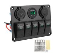 5 Gang Rocker Switch Panel Aluminum Alloy IP65 with Voltmeter Dual USB Ports for Marine RV Truck Boat Yacht UTV (Green)
