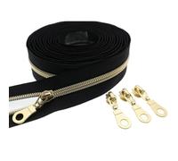 #5 Gold Metallic Nylon Coil Zipper by The Yard, Bulk 10 Yards Black Tape Gold Teeth with 25PCS Gold Zippers Pulls for Sewing, Bags, Purses YIGUANXIN