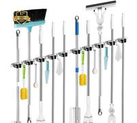 5 Holders+4 Hooks 2 Pack Broom Holder Wall Mounted with Nails Installation, Heavy Duty Stainless Steel Mop Holder, Brush Mop and Broom Storage Self Adhesive