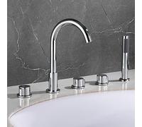 5 Hole Bath Shower Mixer Tap Set Double Handles Bathroom Tub Tap Hot and Cold Multifunctional Bathtub Mixer Tap with Pull Out Handheld Shower (Chrome b) Aqiong