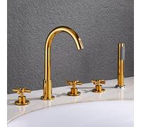 5 Hole Bath Shower Mixer Tap Set Double Handles Bathroom Tub Tap Hot and Cold Multifunctional Bathtub Mixer Tap with Pull Out Handheld Shower (Gold a) Aqiong