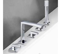 5-Hole Black Bath Faucet Set, Deck-Mounted Shower Mixer, Dual Lever Bathtub Tap with Showerhead & Hose, Chrome Finish, Stylish Bathroom Fixture