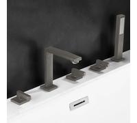 5-Hole Black Bathroom Faucet Set, Dual Handle Shower Mixer with Handheld Showerhead & Hose, Deck-Mounted Bathtub Faucet for Modern Bathrooms