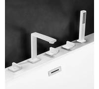 5-Hole Black Bathroom Faucet Set, Dual-Handle Tub Mixer with Showerhead & Hose, Deck-Mounted Shower Mixer for Bathtubs and Sinks, Modern Water Tap