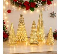 5 Illuminated Mercury Glass Trees, Extraordinary Illuminated Mercury Glass Christmas Trees, Mini Sea Glasses Christmas Tree for Table Centerpiece Tabletop, Gold Decorations (A)