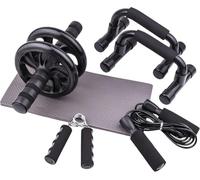 5-IN-1 Ab Roller Wheel Set With, 2 Push-up Bars, Skipping Rope, Hand Grip And Knee Pad, Fitness Workout At Home Gym, Multi-functional Sports Equipment (Black)