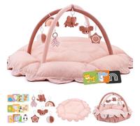 5-in-1 Baby Activity Gym & Play Mat with 6 Hanging Toys, Tummy Time Mat & Cards - Extra Large, Reversible Machine Washable Pad - Gift for Newborns, Infants 0-12 Months, Pink