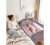 5 in 1 Baby Crib,Bedside Sleeper,Baby Bassinet,Pack and Play with Bassinet and Changing Table,Portable Travel Baby Playpen Music Box,Portable Travel Crib for Infant Newborn (Pink Gray)