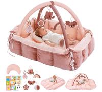 5-in-1 Baby Play Gym and Tummy Time Mat, Tummy Time Pillow & 12 Learning Cards, Plush Activity Mat with 6 Toys, Baby Gym, Convertible to Ball Pit & Pet Bed, Baby Gift, Pink