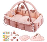 5-in-1 Baby Play Gym and Tummy Time Mat, Tummy Time Pillow & 12 Learning Cards, Plush Activity Mat with 6 Toys, Baby Gym, Convertible to Ball Pit & Pet Bed, Baby Gift, Pink