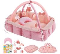 5-in-1 Baby Play Gym and Tummy Time Mat, Tummy Time Pillow & 12 Learning Cards, Plush Activity Mat with 6 Toys, Baby Gym, Convertible to Ball Pit, Baby Gift, Light Pink
