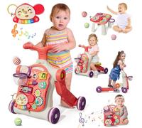 5-in-1 Baby Push Walker for Baby, Activity Centre Learning to Walk, Sit, Stand, Early Learning Push Toy for Toddlers, 12 Months, Walking Toy, Gift for Toddlers, Red