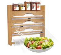 5 in 1 Bamboo Cling Film Dispenser with Cutter,Kitchen Wrap Dispenser for 12inch/30cm Cling Film,Tin Foil and Parchment Paper,Kitchen Roll Storage and Foil Organiser,Wall-Mount or Countertop