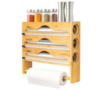 5-in-1 Bamboo Cling Film Dispenser with Cutter, Kitchen Wrap Organizer for 12"/30cm Foil, Plastic Wrap & Parchment Paper, Kitchen Roll Storage with Top Shelf, Wall-Mount or Countertop (Original Wood)