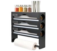 5-in-1 Bamboo Cling Film Dispenser with Cutter, Kitchen Wrap Organizer for 12"/30cm Foil, Plastic Wrap & Parchment Paper, Kitchen Roll Storage with Top Shelf, Wall-Mount or Countertop (Black)