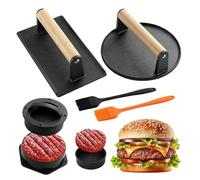 5 in 1 Burger Press Kit, Burger Smasher Kit with Sauce Brushes | Stuffed Burger Mold with Wood Handle, Ideal for Smash Burgers and Grills