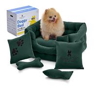 Luxury Handcrafted 5-in-1 Dog and Cat Bed Set | 3X More Durable Washable Elevated Puppy and Kitty Couch with 2 Cushions & 2 Toys - Super Soft Dutch Velvet, Size (21in-17in-10in)