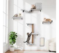 5-in-1 Cat Wall Shelves, Multi-Level Cat Climbing Furniture, Perch & Lounge for Indoor Cats, Space-Saving Wall Mounted Shelves for Play & Rest (Natural Wood) - Light Gray