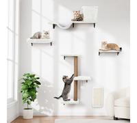 5-in-1 Cat Wall Shelves, Multi-Level Cat Climbing Furniture, Perch & Lounge for Indoor Cats, Space-Saving Wall Mounted Shelves for Play & Rest (Natural Wood) - White