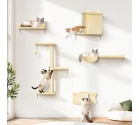 5-in-1 Cat Wall Shelves (Natural Wood + Velvet + Sisal), 44lbs Max Load, Space-Saving Wall Mounted Cat Furniture for Climber, Wooden Cat Climbing System for Solid Wall & 16 Inch Drywall - Beige