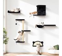 5-in-1 Cat Wall Shelves (Natural Wood + Velvet + Sisal), 44lbs Max Load, Space-Saving Wall Mounted Cat Furniture for Climber, Wooden Cat Climbing System for Solid Wall & 16 Inch Drywall - Black