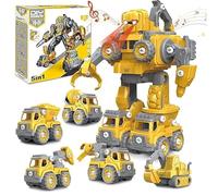5-in-1 Construction Vehicle Robot Toy Set, Take Apart Building Toys, Musical Transformer with Drilling Rig, Mixer, Timber Grab, Excavator, Dump Truck, Ages 3+
