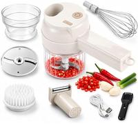 5-in-1 Cordless Electric Vegetable Chopper & Food Processor Set, White | 40W motor, 1200mAh battery, 200mL cup, and a complete 5-in-1 accessory set.