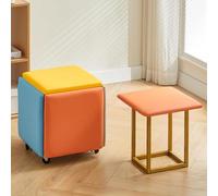 5-in-1 Cube Chair Nesting with Wheels, Stackable Movable Stools, Square Leather Foot Stool for Living Room & Dining Room, Red, 13.7"